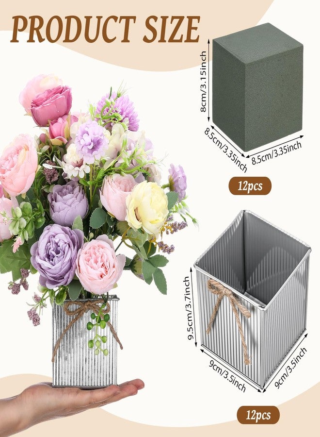 Ninehaoou 12 Set Galvanized Metal Vases for Flowers 3.5 x 3.7 Inch Farmhouse Square Mini Tin Bucket with Removable Flower Mud Liners & Twine Bow Vintage Rustic Decor for Wedding Table Centerpiece - Image 2